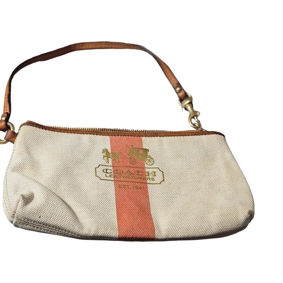 Coach Handbags - Coach Heritage Stripe Canvas Wristlet Cream Orange Horse and Carriage Logo